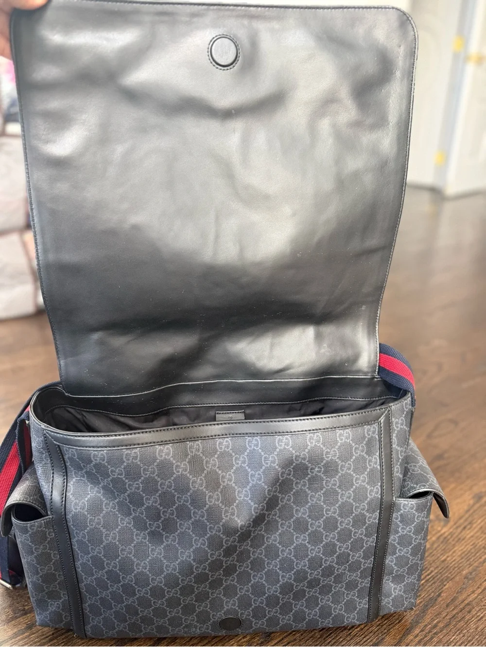 Gucci Black Monogram Diaper Bag with Red and Blue Web Strap